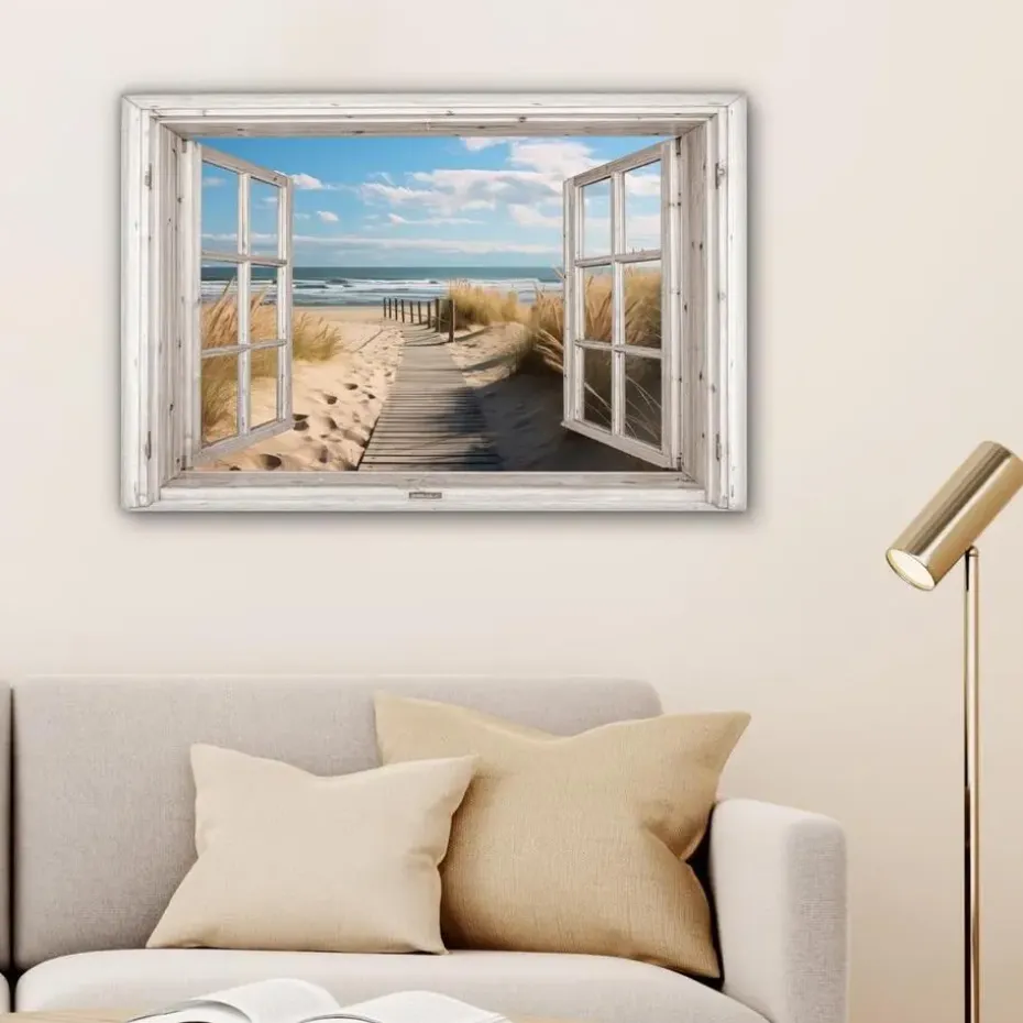 MuchoWow Canvas Schilderij 90x60cm Raam Zee Kust Natuur