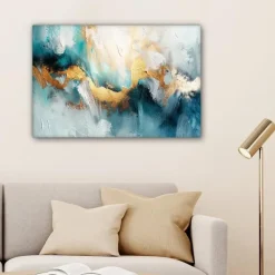 MuchoWow Canvas Schilderij 90x60cm Abstract Kunst Gold Blauw