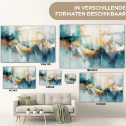 MuchoWow Glasschilderij 90x60cm Abstract Kunst Gold Blauw