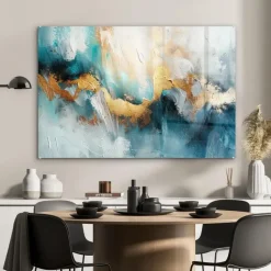 MuchoWow Glasschilderij 90x60cm Abstract Kunst Gold Blauw