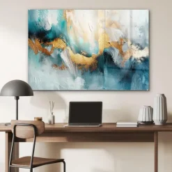 MuchoWow Glasschilderij 90x60cm Abstract Kunst Gold Blauw