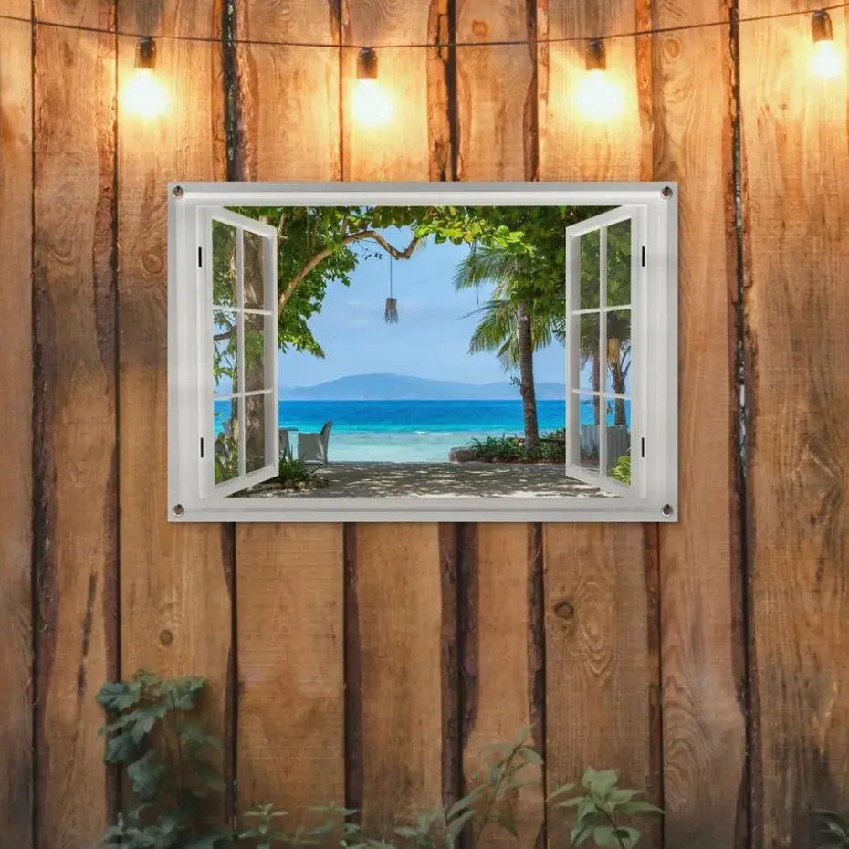 MuchoWow Tuinposter 90x60cm Doorkijk Boom Zee Palmboom