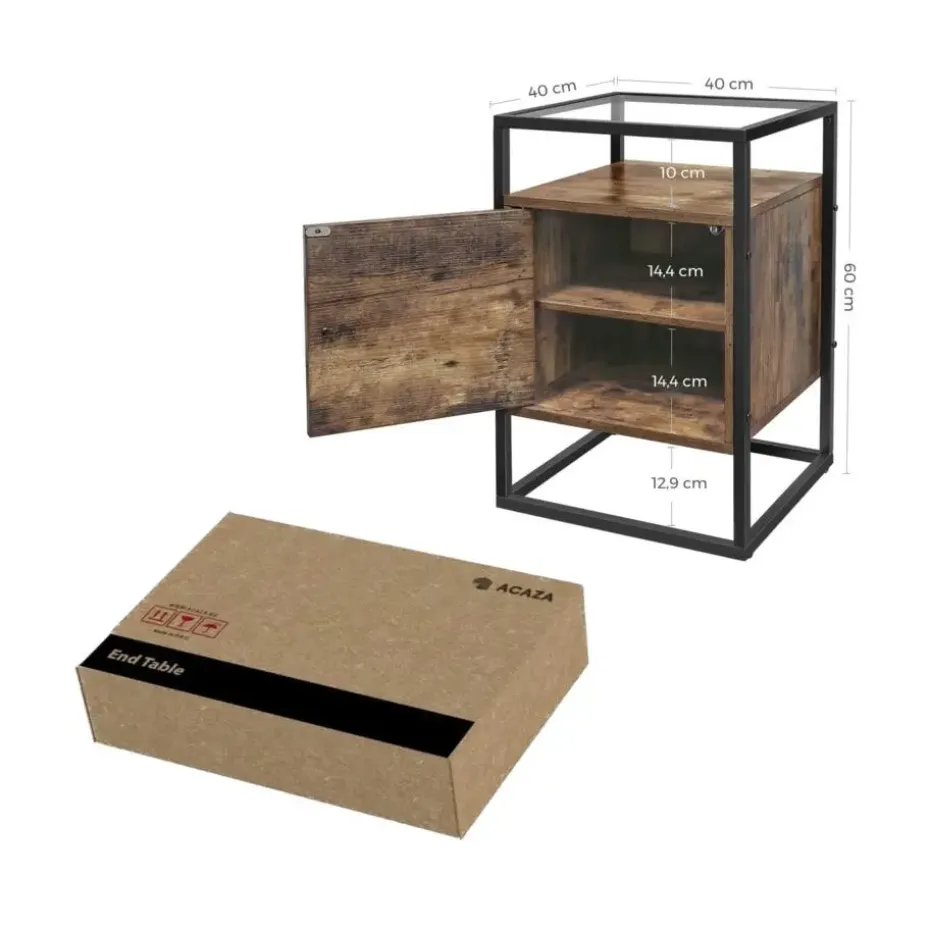 Nachtkastje - uit hout en gehard glas - met kast - industriële stijl - Bruin