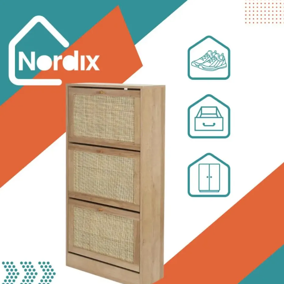 Nordix Schoenenkast met 3 Lades Schoenen Opbergsysteem Rotan Bruin Hout