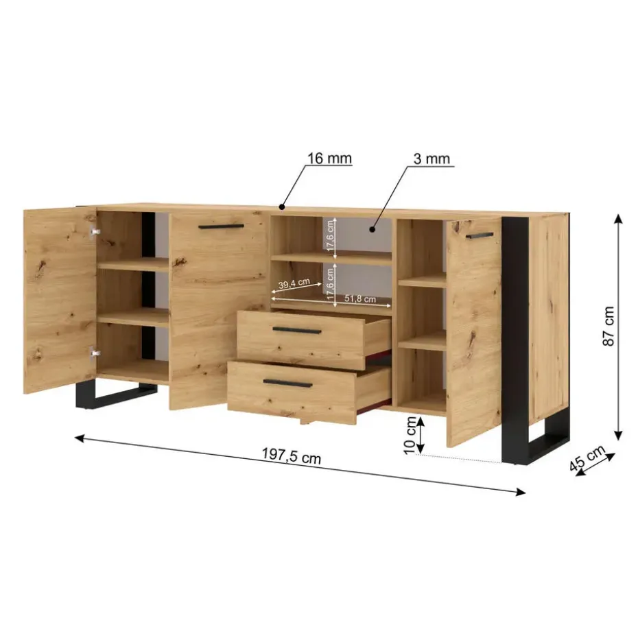 NUKA D dressoir 197 cm zwart artisan eiken