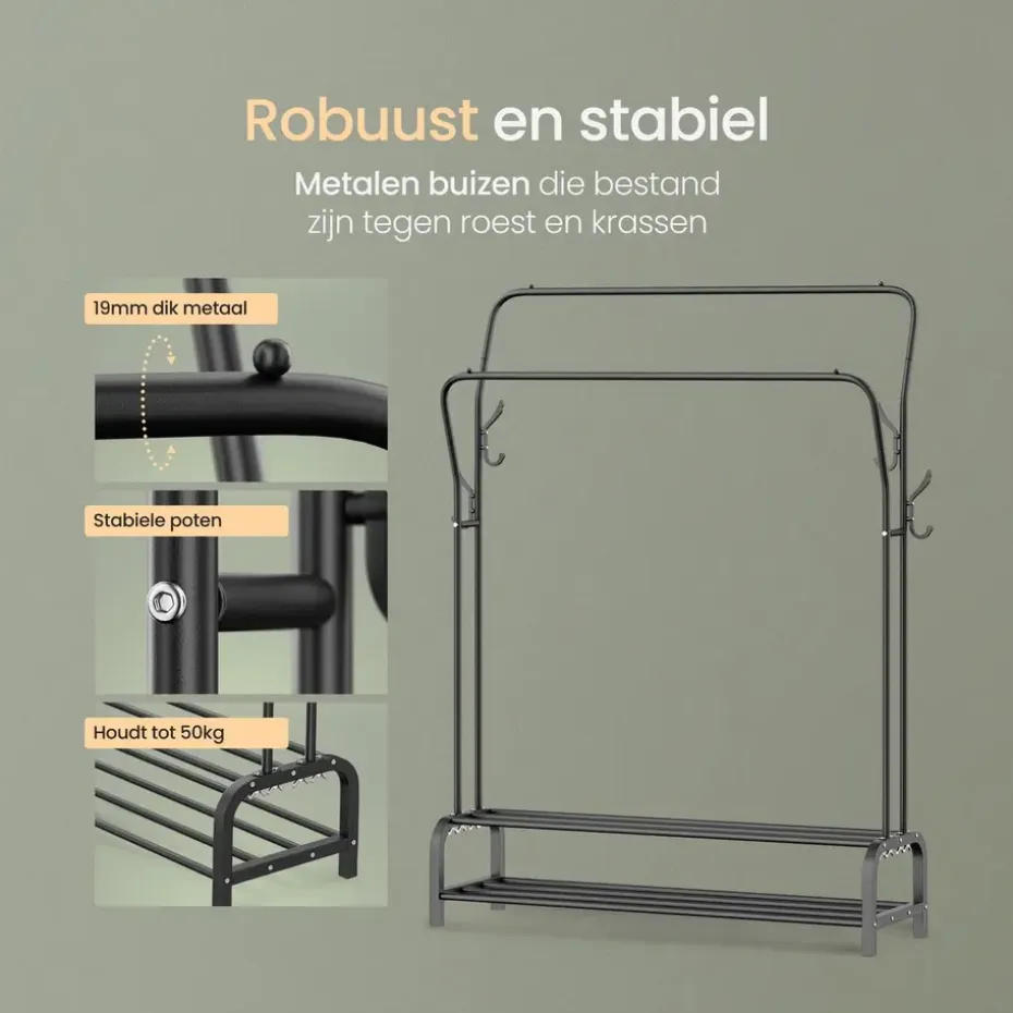 O'DADDY Dubbel Kledingrek met Schoenenrek - Zwart - 110x33x(137-157) cm