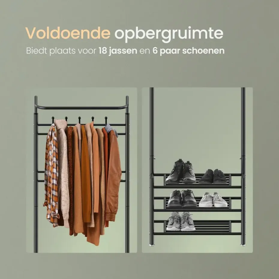 O'DADDY Staande Kapstok met Schoenenrek - Zwart Metaal