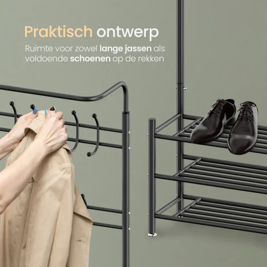 O'DADDY Staande Kapstok met Schoenenrek - Zwart Metaal