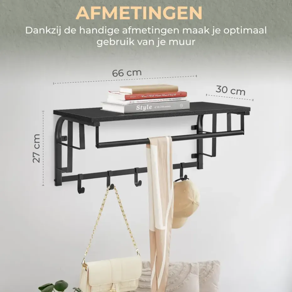 O'DADDY Wandkapstok met 5 Haken - Zwart/Donkergrijs - 66x30x27 cm