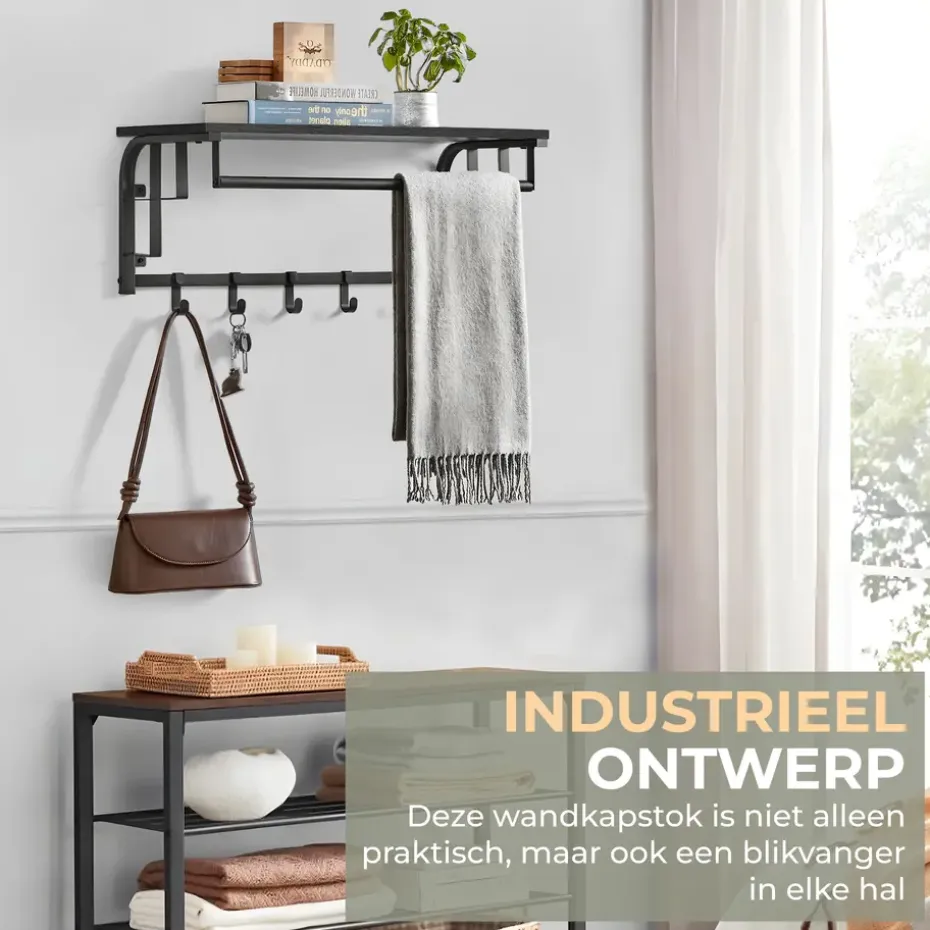 O'DADDY Wandkapstok met 5 Haken - Zwart/Donkergrijs - 66x30x27 cm