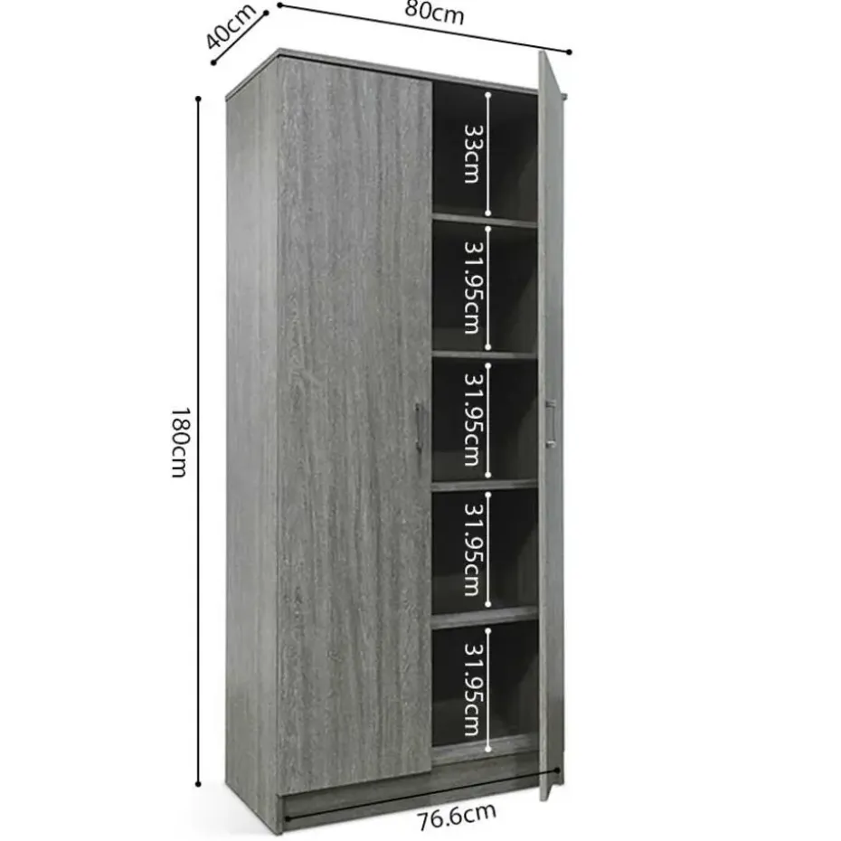 Opbergkast Ray 80cm met 2 deuren en 4 legplanken - grijze eik
