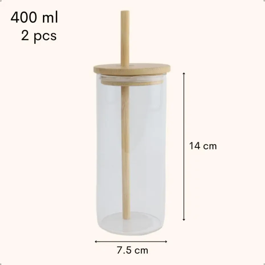 OTIX Drinkglazen met Bamboo Deksel met Rietje 2 Stuks 400 ml Waterglazen