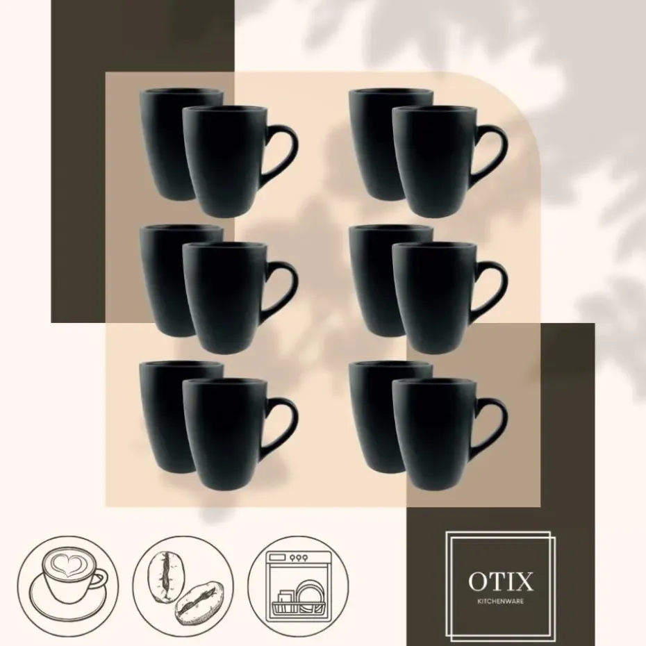 OTIX Koffiekopjes met Oor Koffietassen Set van 12 Mat Zwart 340ml