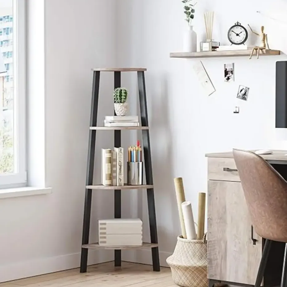 Parya Home hoekplank - 4 planken - industrieel - grijs-zwart