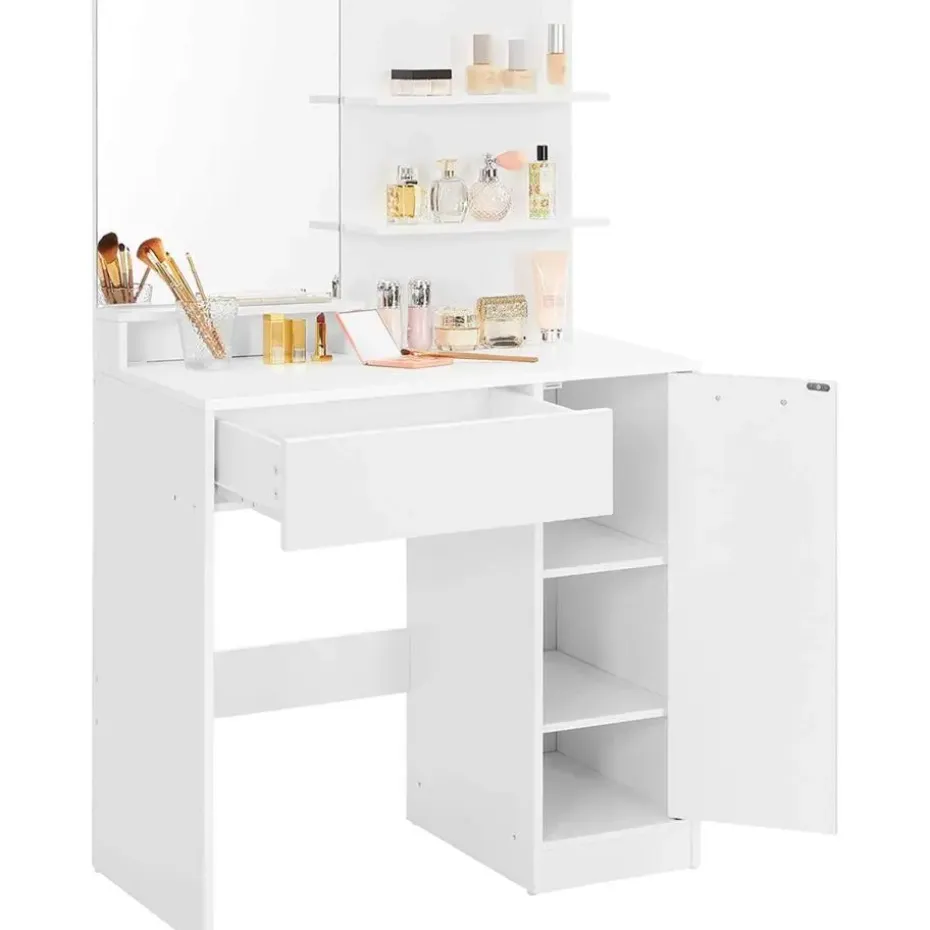 Parya Home kaptafel met spiegel - 1 lade - 2 legplanken - wit