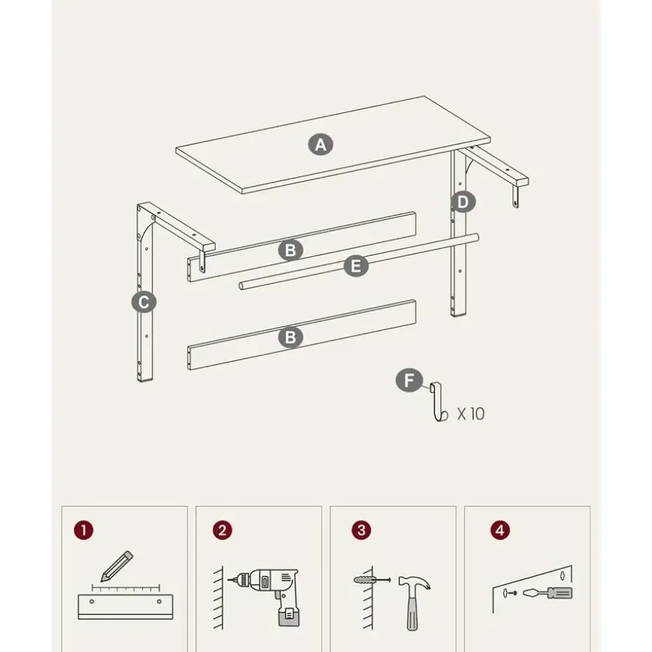 Parya Home Wandkapstok met Plank – wandplank met 10 haken