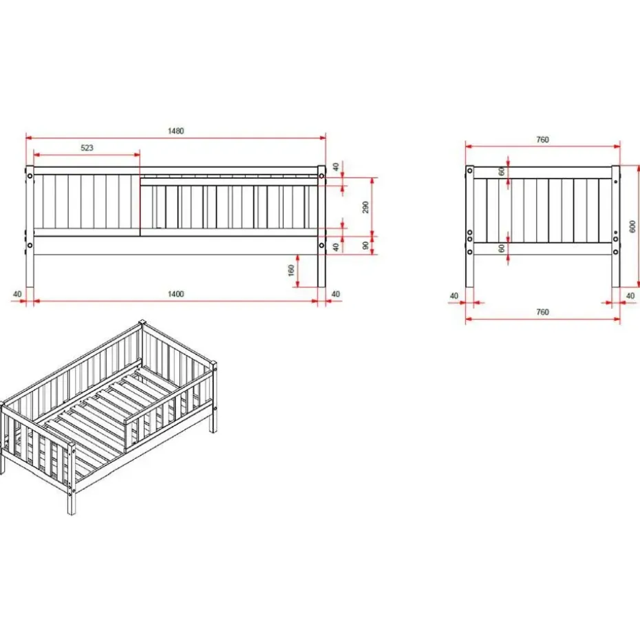Peuterbed Petronille 70 x 140cm dennenhout - grijs