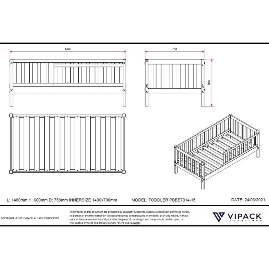 Peuterbed Petronille 70 x 140cm dennenhout - grijs