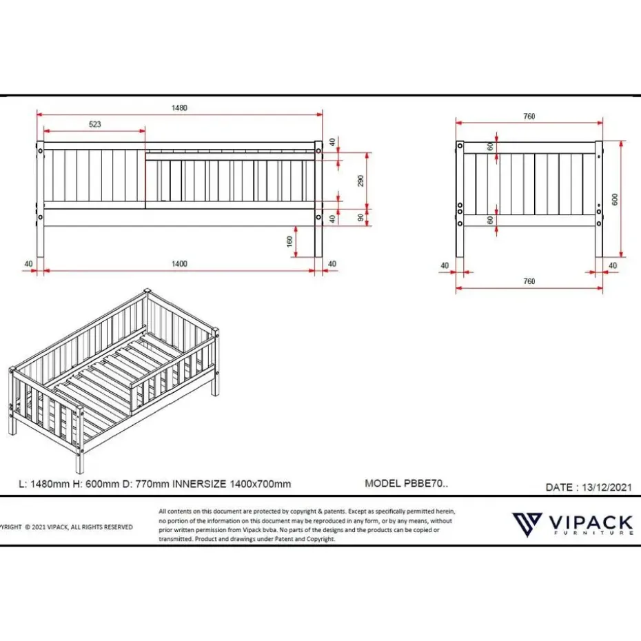 Peuterbed Petronille 70 x 140cm dennenhout - wit