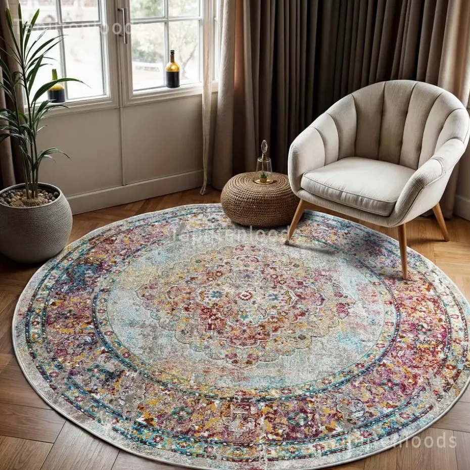 Picasso Keshan Vintage Rond Vloerkleed Multi / Beige Laagpolig - 160 CM ROND