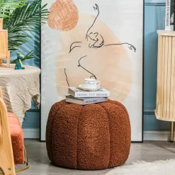 Poef met terracotta krullen en houten basis