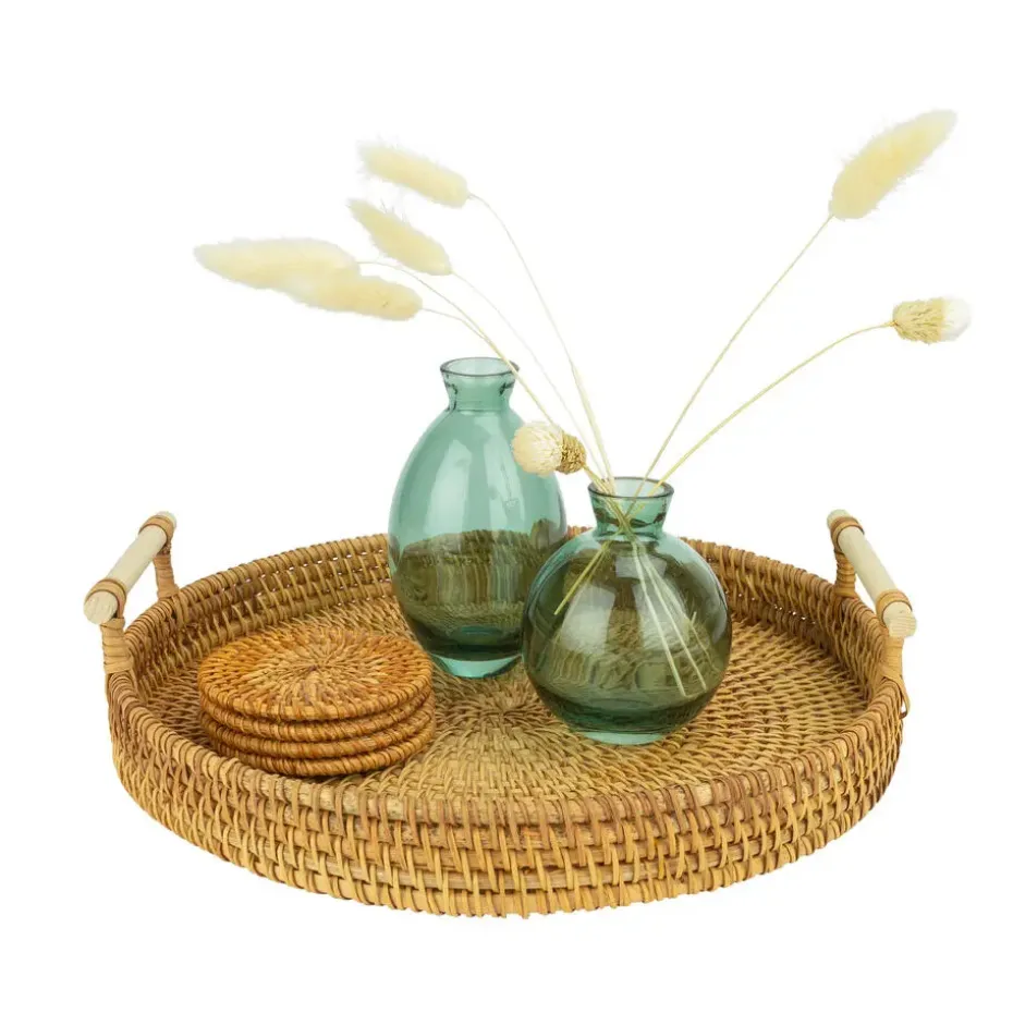 QUVIO Dienblad met handvaten rond - 28 cm - Rotan