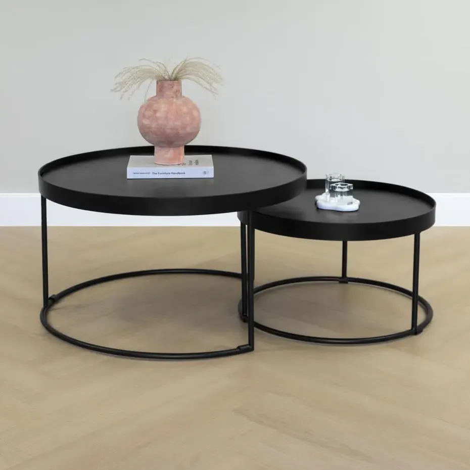 QUVIO Salontafel Sara - Set van 2 - FSC® mangohout - Metaal - Zwart