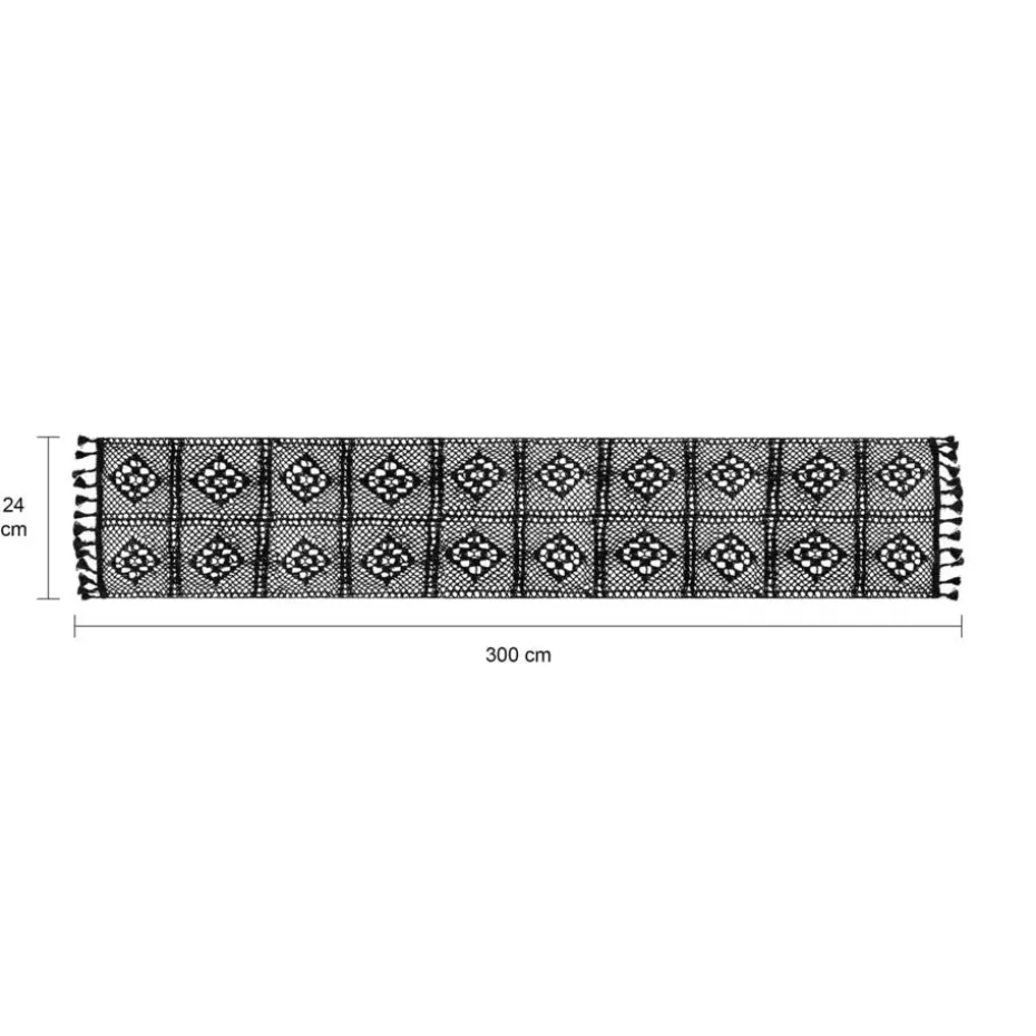 QUVIO Tafelloper gehaakt met fransjes - 300 x 24 cm - Katoen - Zwart