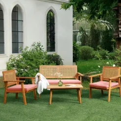 Rieten en massief houten tuinset in roze