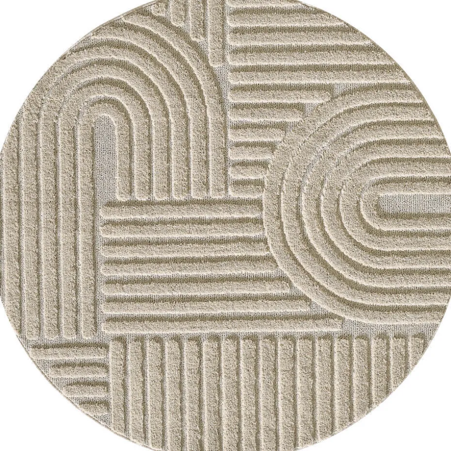 Rond Modern Japandi Vloerkleed - Beige - Boho Scandinavisch - Ø200 cm Laagpolig