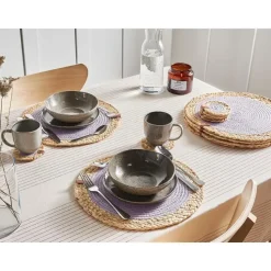 ROSELLA - Set 12 placemats en onderzetters - Grijs/Natuurlijk - Jute
