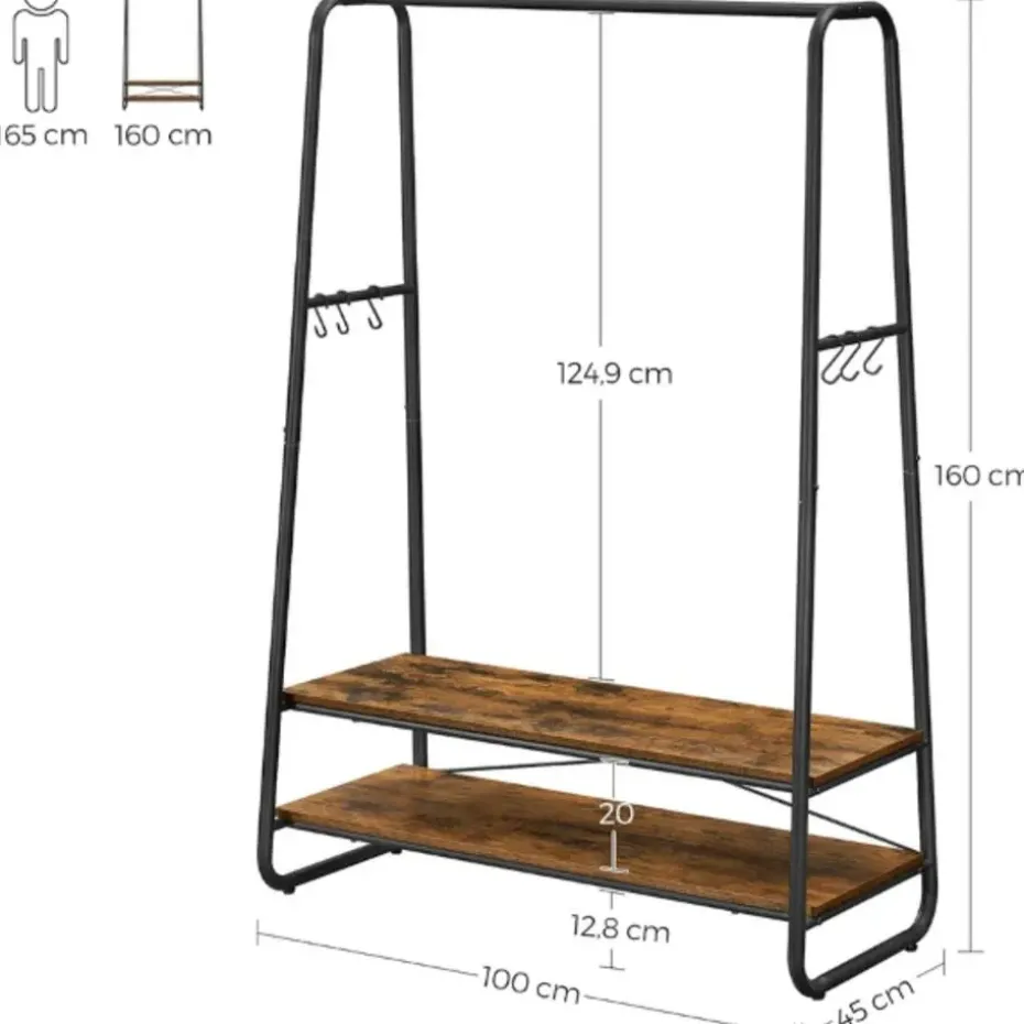 Rustiek bruin/zwart stalen kledingrek met 2 planken en 6 haken