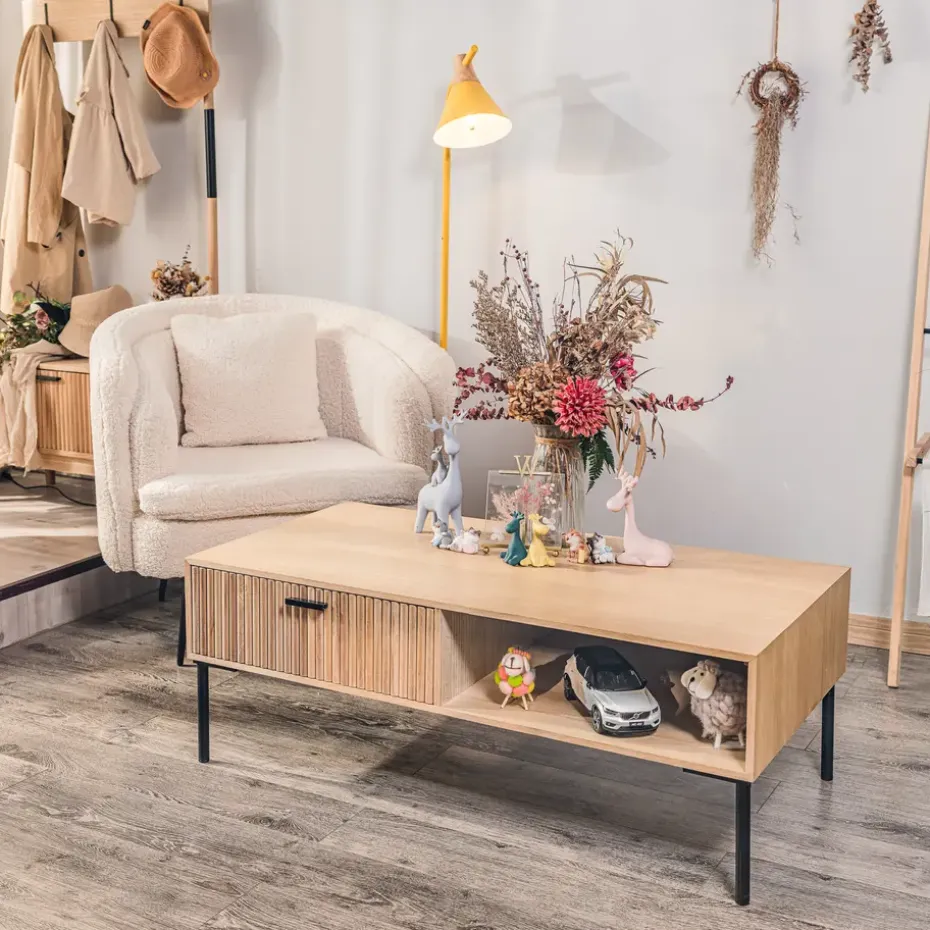 Salontafel met 1 lade van essen en metaal