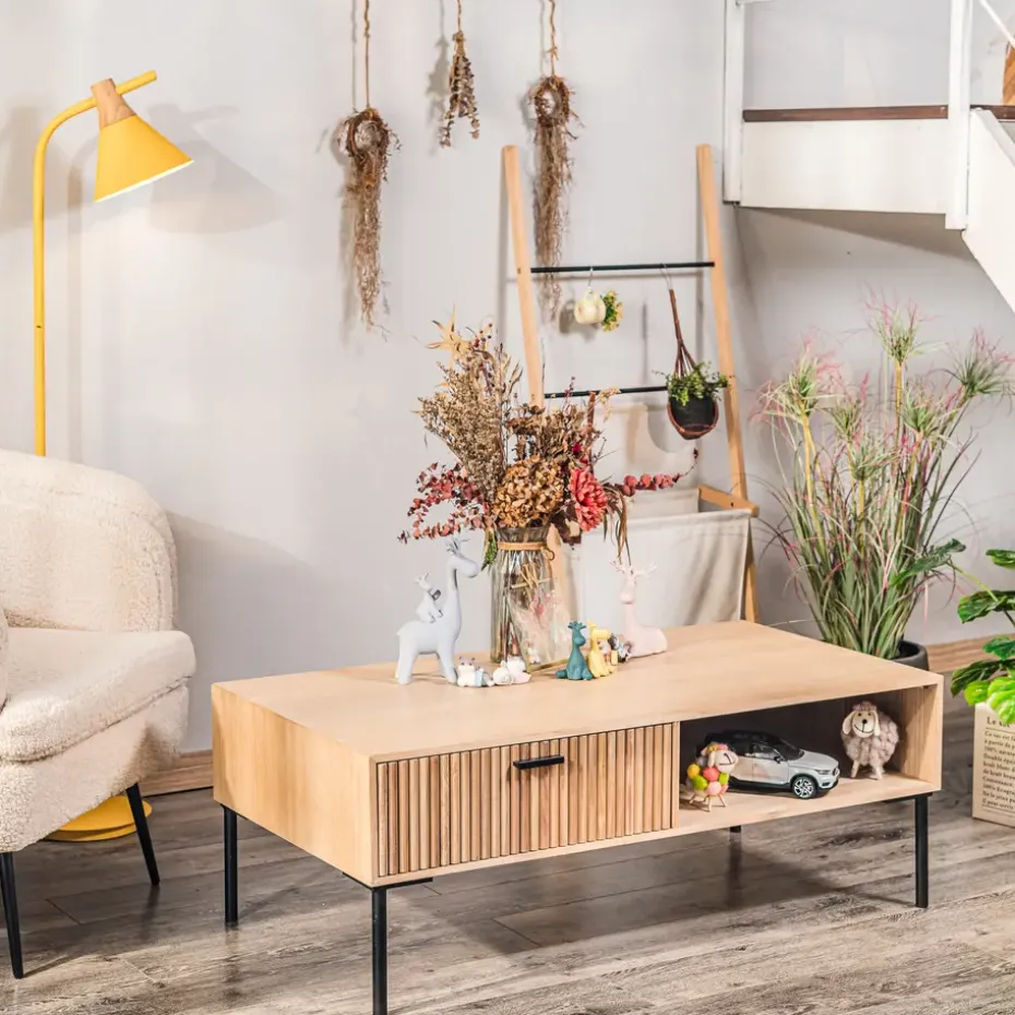 Salontafel met 1 lade van essen en metaal