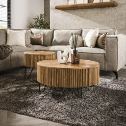 Salontafel Rond 80cm - Naturel Mangohout - Set Van 2 - Wave