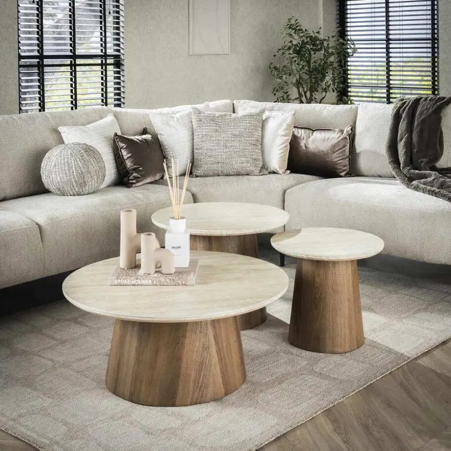 Salontafel Rond Walnoot/Travertin - 80x80x35cm - Set Van 3
