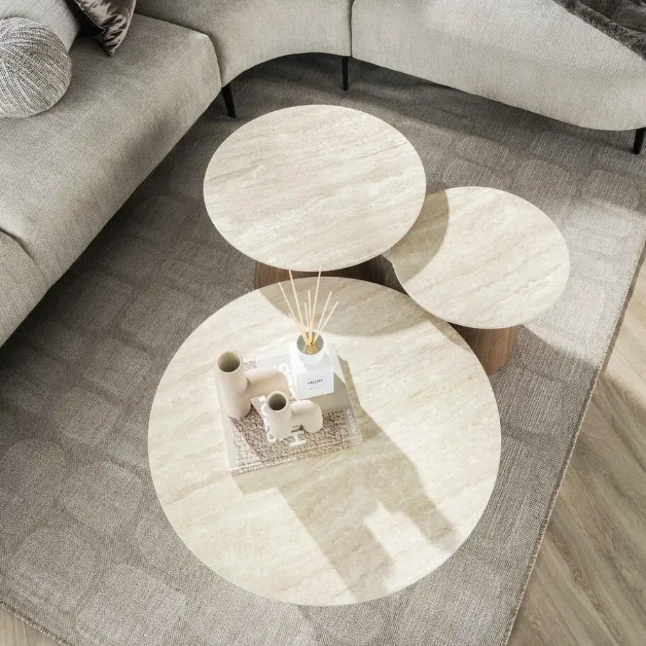 Salontafel Rond Walnoot/Travertin - 80x80x35cm - Set Van 3