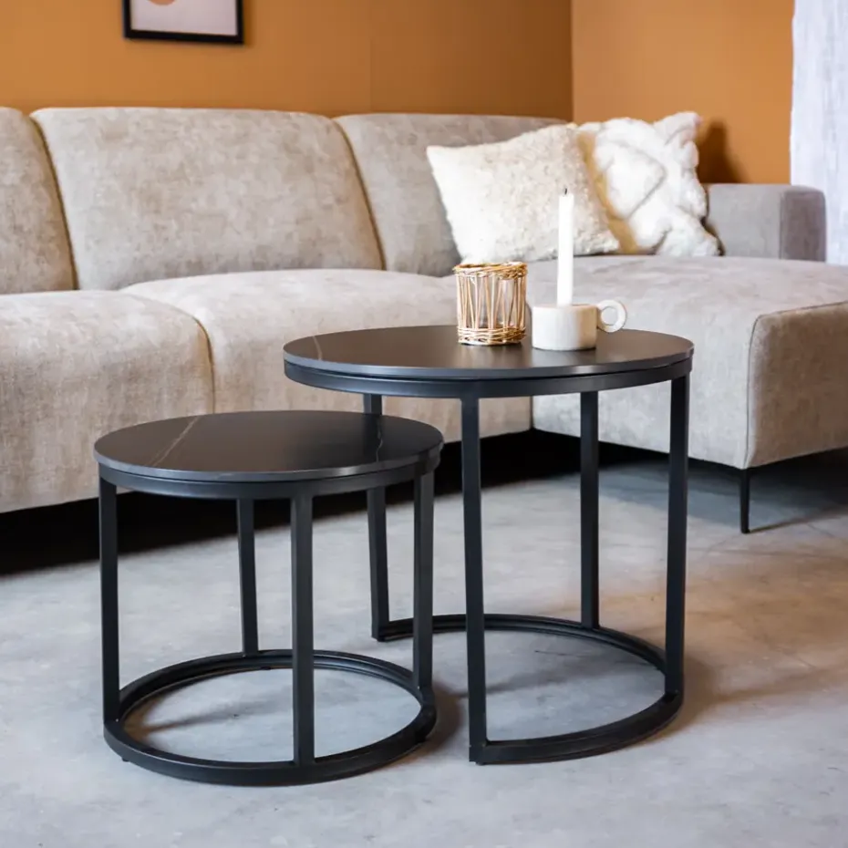 Salontafel set van 2 Paige marmer zwart rond - 53x53x47 cm - Stoneware - Zwart
