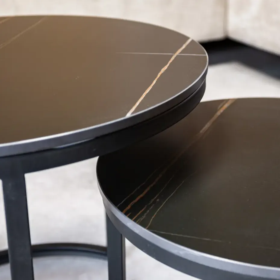 Salontafel set van 2 Paige marmer zwart rond - 53x53x47 cm - Stoneware - Zwart