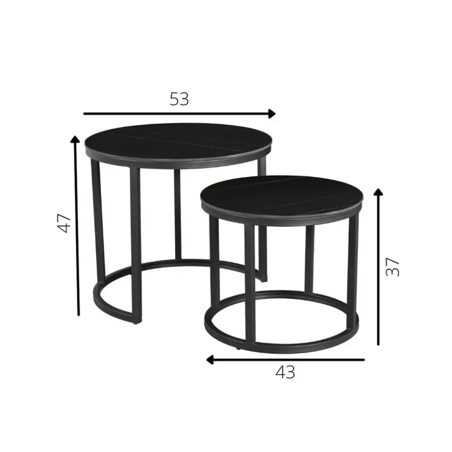 Salontafel set van 2 Paige marmer zwart rond - 53x53x47 cm - Stoneware - Zwart