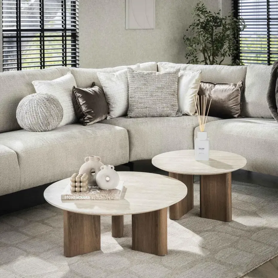 Salontafel Walnoot/Travertin - 76x76x30cm - Set Van 2