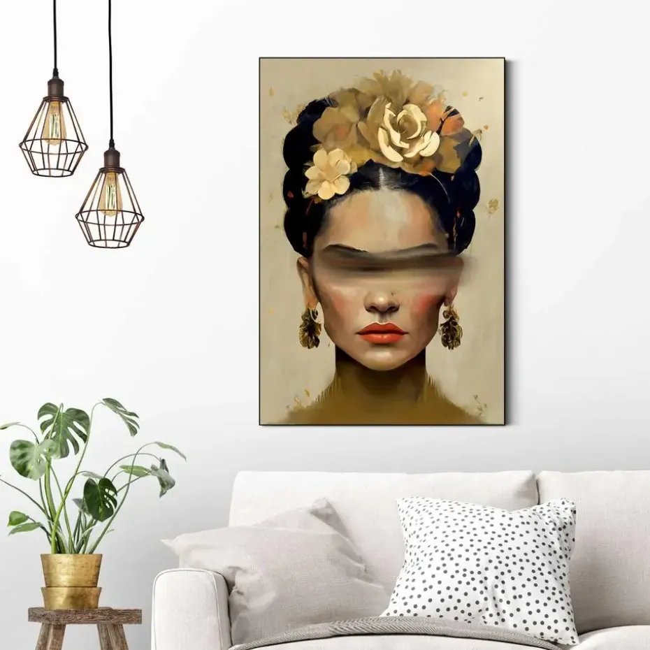 Schilderij Frida in oker - 90 x 60cm - Goudkleurig