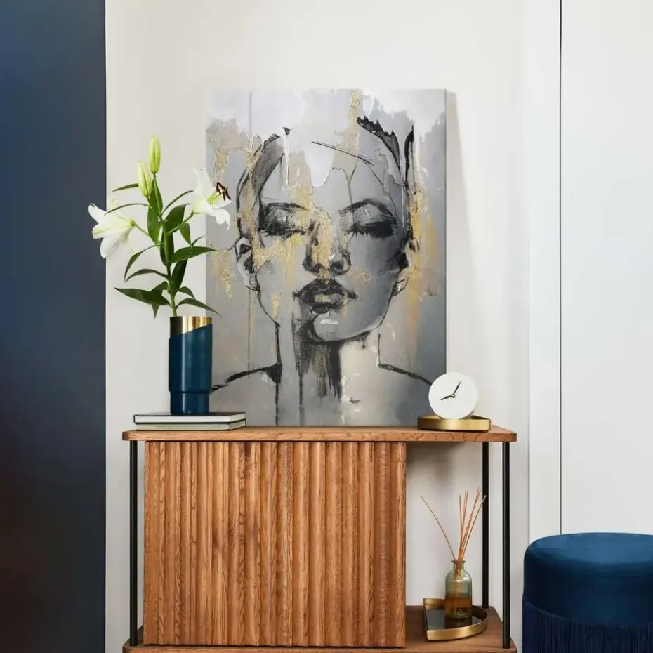 Schilderij Gezicht - 70 x 50cm - Goudkleurig
