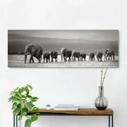 Schilderij Kudde Olifanten - 40 x 118cm - Zwart-Wit