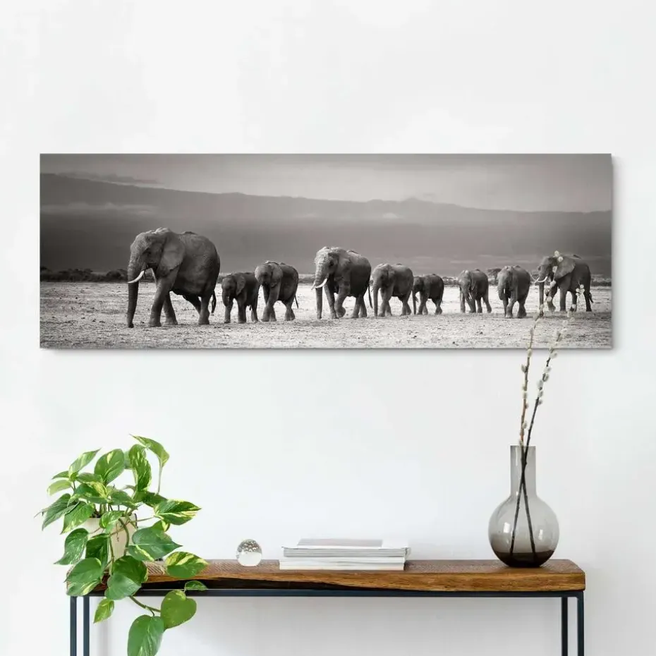 Schilderij Kudde Olifanten - 40 x 118cm - Zwart-Wit