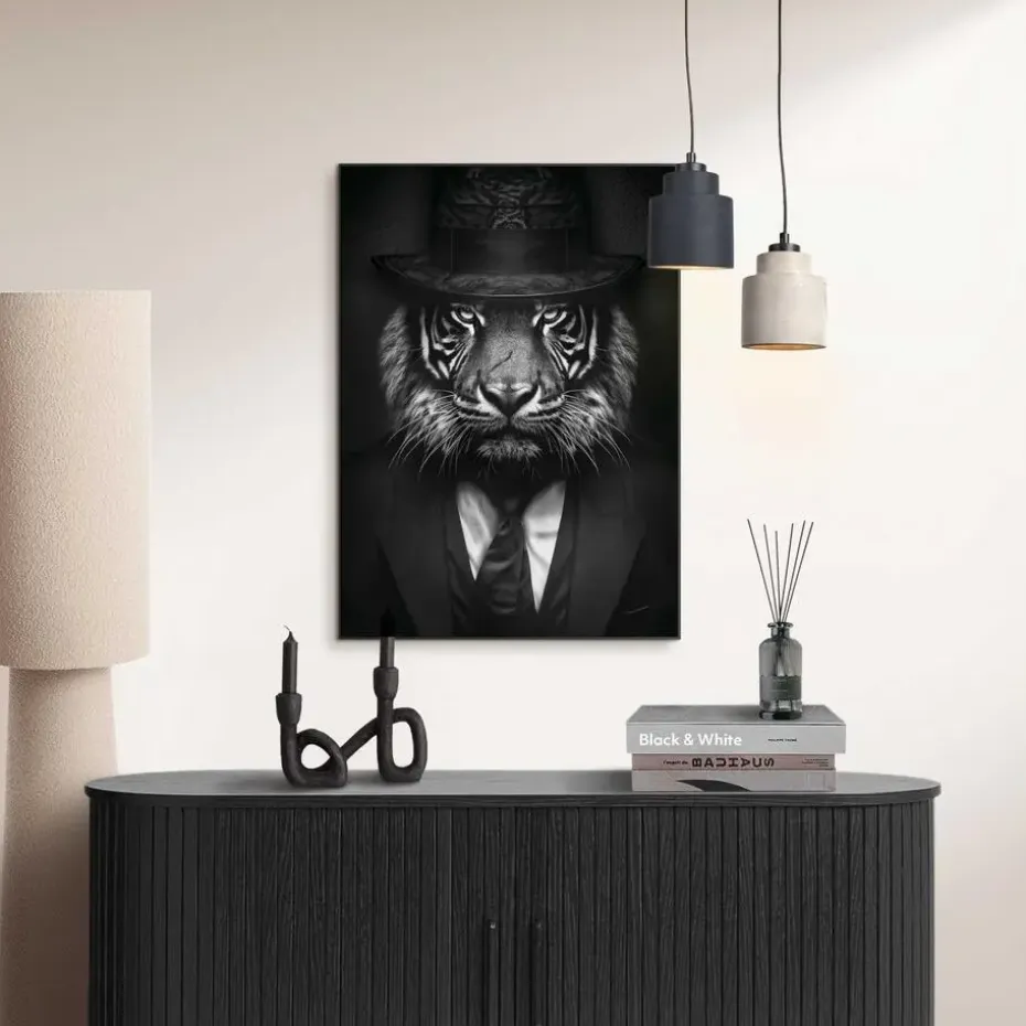 Schilderij Tiger Man - 70 x 50cm - Zwart-Wit