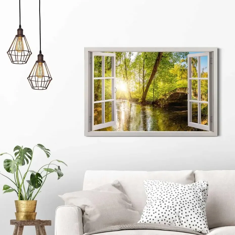 Schilderij Zonnestralen in het bos - 60 x 90cm - Groen