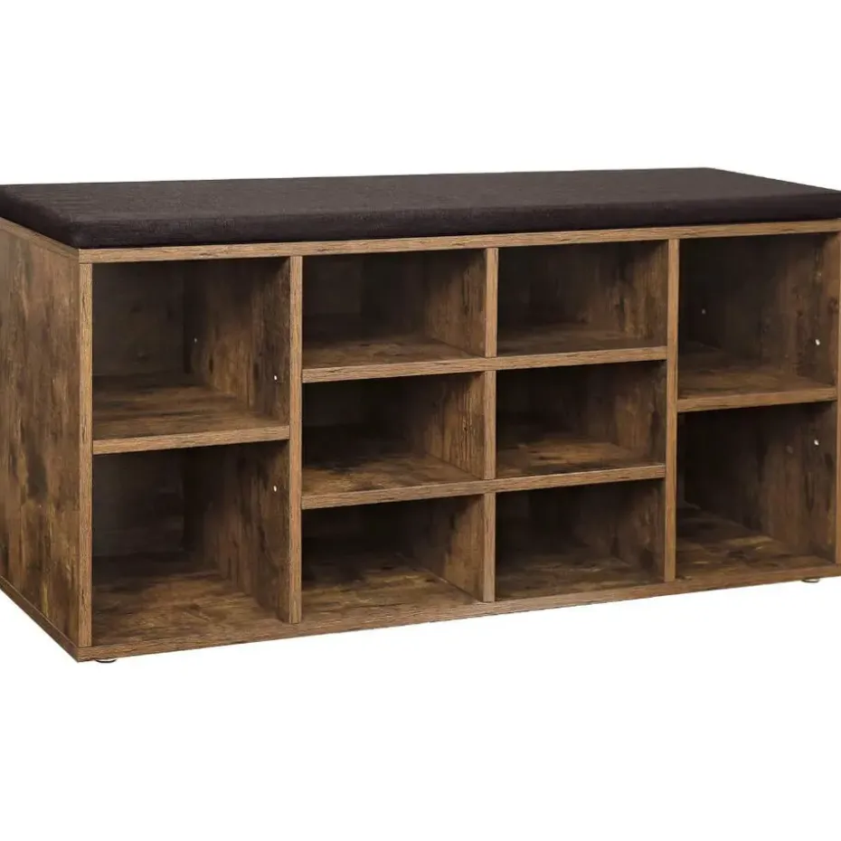 Schoenenbank - met kussen - 10 vakken - 104x48x30 cm - vintage bruin