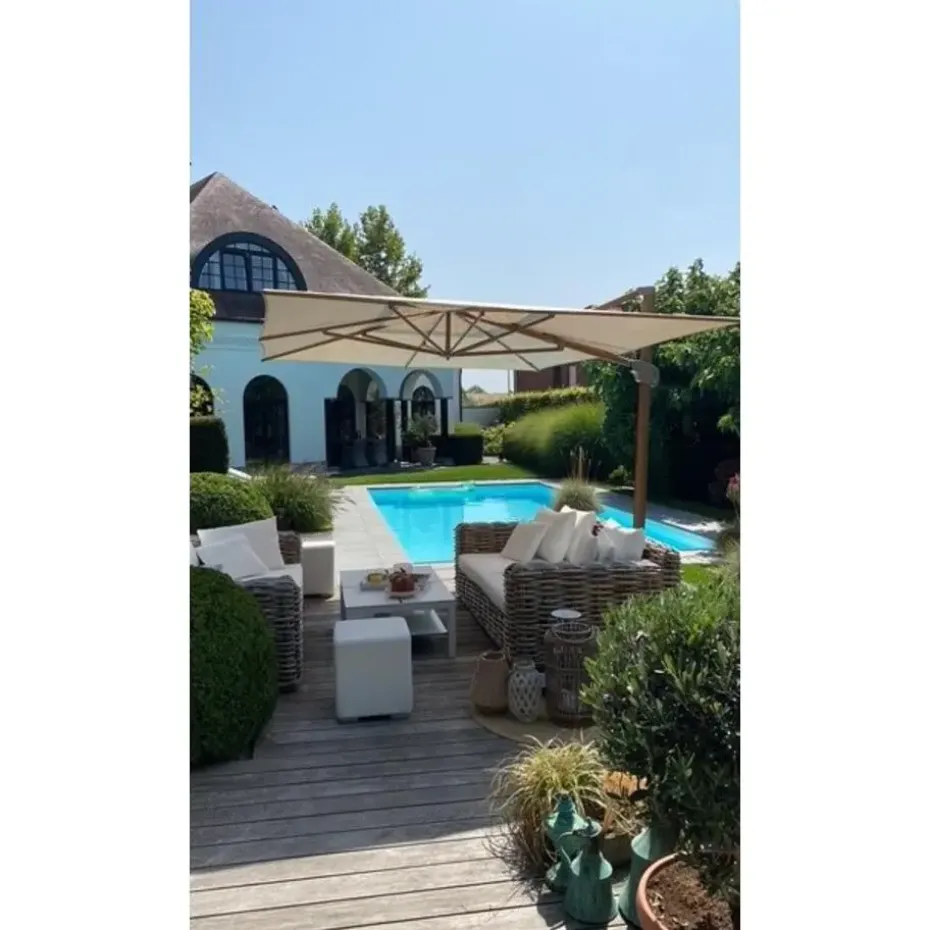 4-Seasons zweefparasol Hacienda 300 x 400 - Woodlook/Sand met voet en hoes