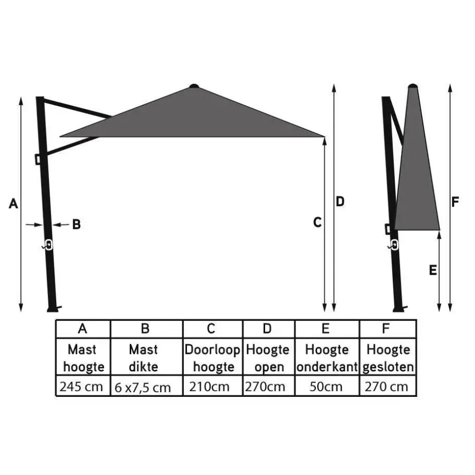 4-Seasons zweefparasol Siesta Premium 3x3 m. - woodlook/charcoal + voet en hoes
